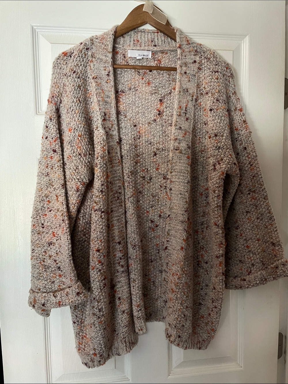 Anthropologie Cream Speckled Open-Front Cardigan with Orange and Brown Flecks